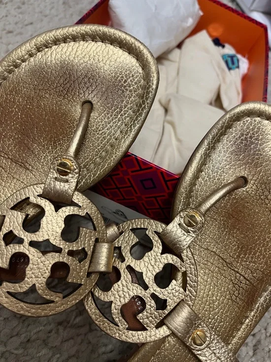 Tory Burch Metallic Gold Leather Logo Sandals - Picture 10 of 10